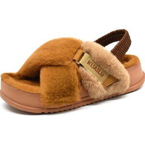 Women's Brown Fleece Fuzzy Fur Criss Cross Open Band Cozy Slippers Shoes